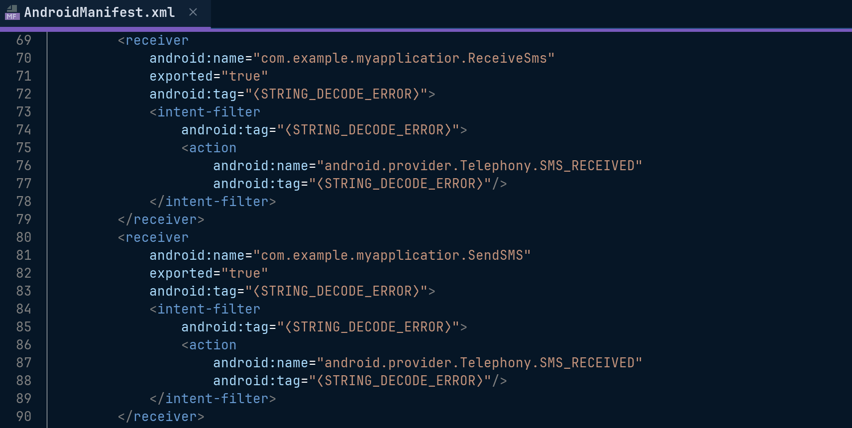 Analisis android manifest apk kedua pada receiver